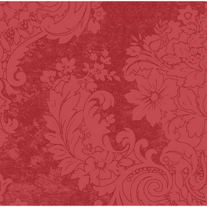 Les serviettes Dunilin 40 x 40 cm 1/4 pli de Duni GmbH se distinguent par un motif floral et feuillage orné et embossé en rouge, avec des feuilles tourbillonnantes, des fleurs et des nuances texturées pour un aspect décoratif riche rappelant des serviettes de haute qualité.
