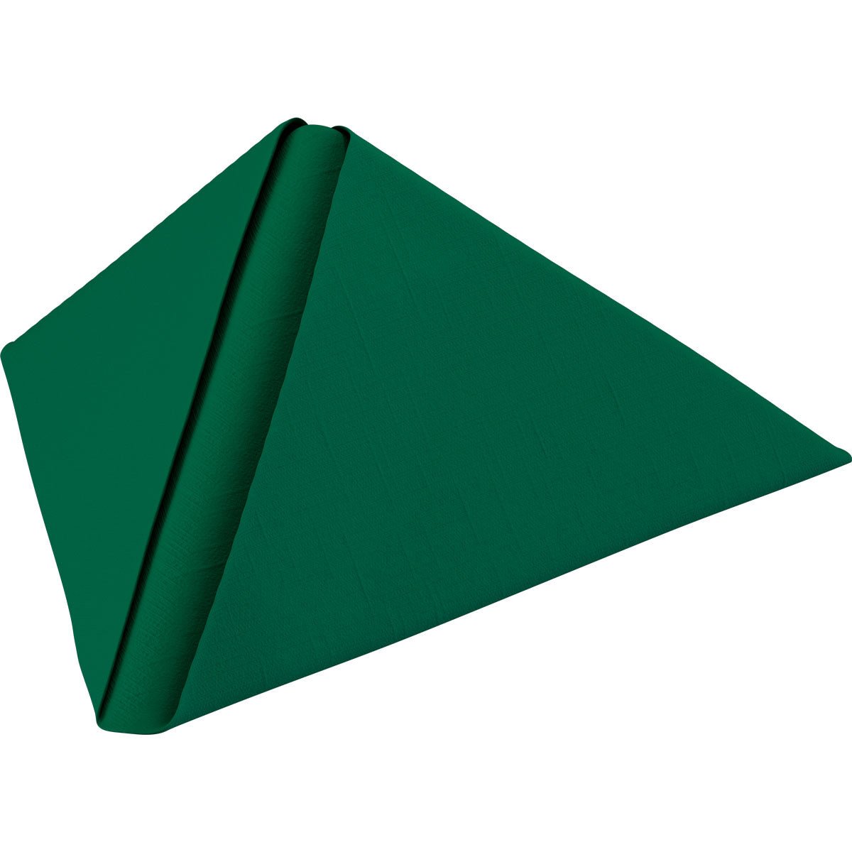 Une serviette Dunilin 40 x 40 cm 1/4 pli de Duni GmbH vert foncé est pliée en forme de pyramide, avec un pli visible allant du sommet vers le bas, et se tient sur un fond blanc simple.