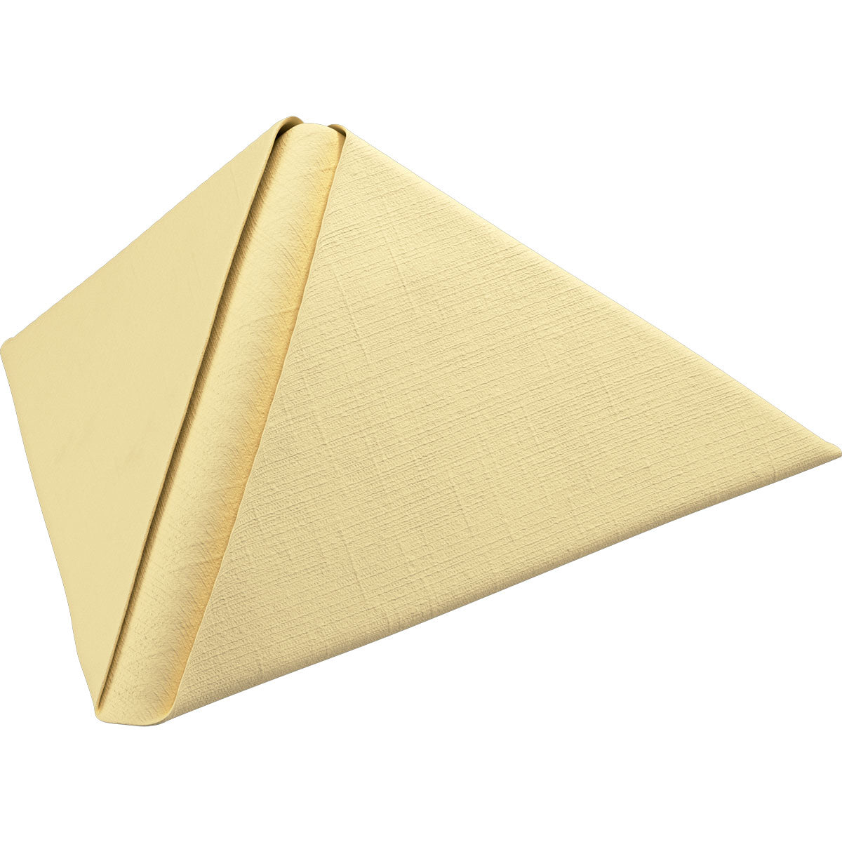 Une serviette Dunilin jaune clair 40 x 40 cm 1/4 pli de Duni GmbH, pliée, se tient droite en forme de triangle devant un fond blanc et présente une structure de haute qualité semblable à du tissu avec des motifs de tissage visibles.