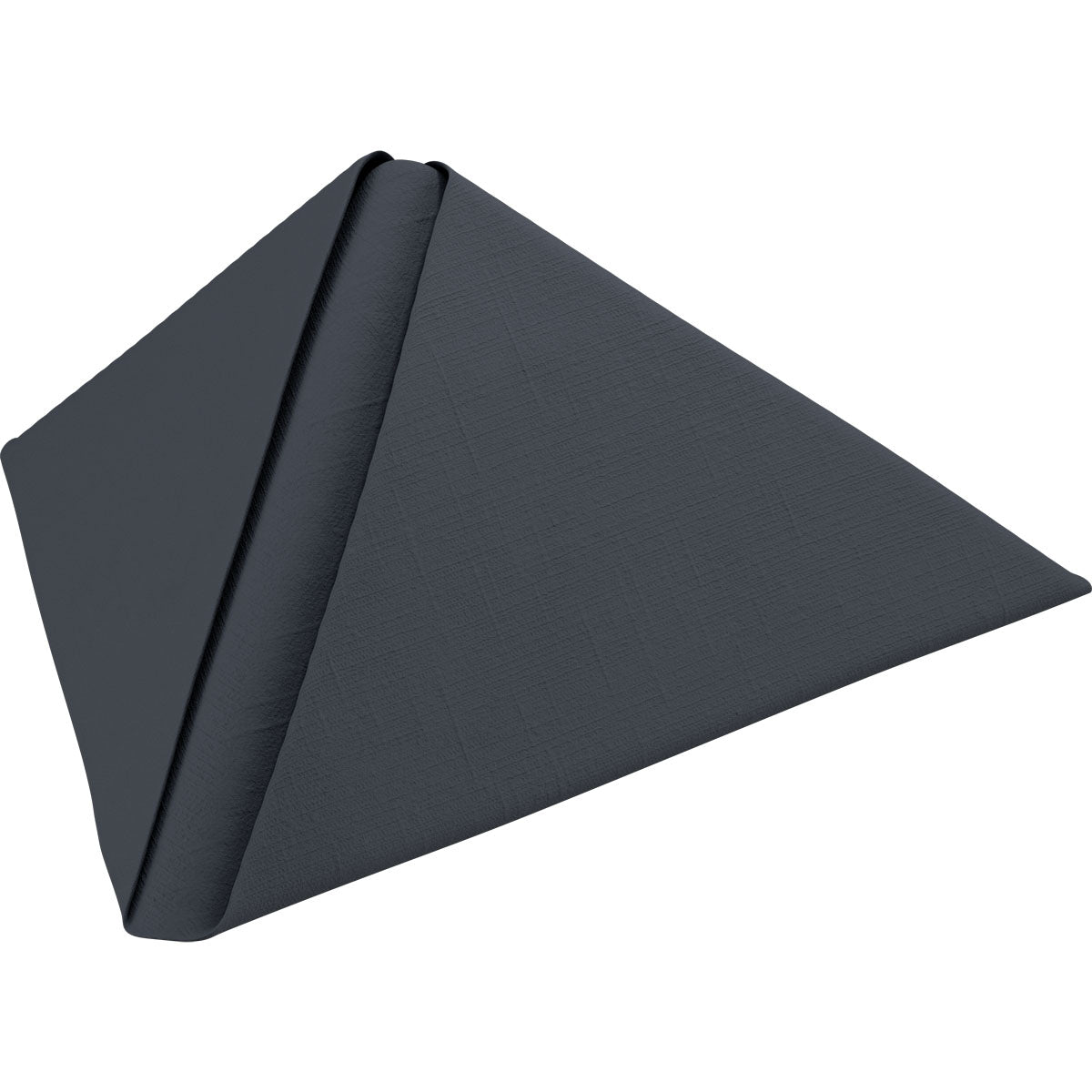 La serviette Dunilin 40 x 40 cm 1/4 pli de Duni GmbH est de couleur gris foncé, a une forme triangulaire et une surface texturée ; elle apparaît pliée et pourrait convenir pour maintenir une tablette, un livre ou un appareil en position verticale et mains libres.