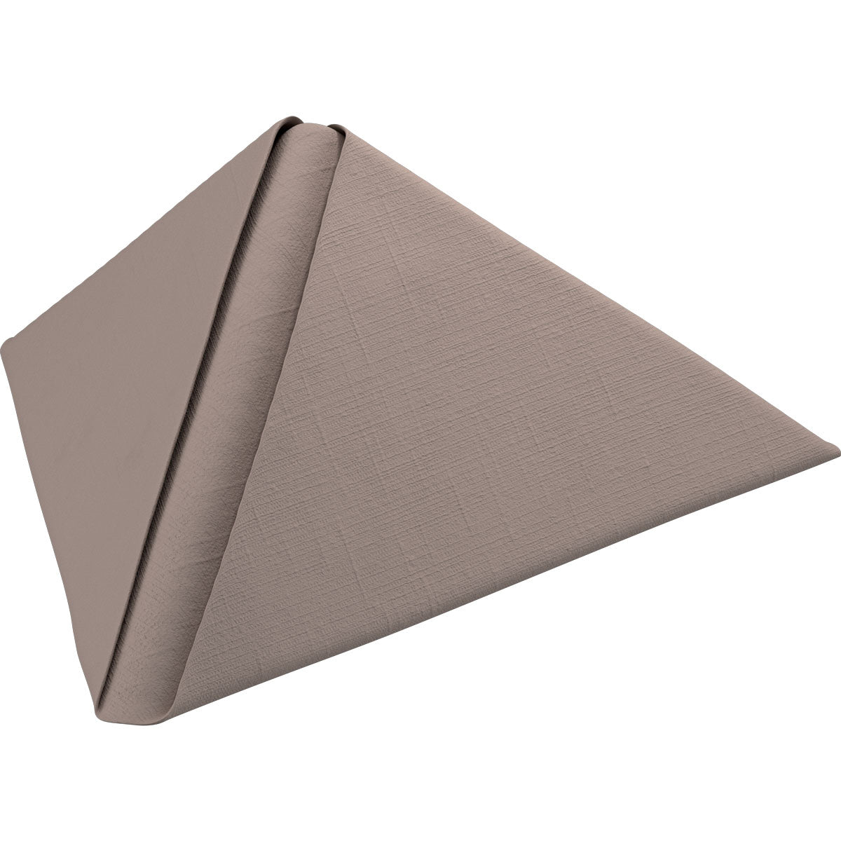 Une serviette Dunilin 40 x 40 cm 1/4 pli de Duni GmbH, proprement pliée en pyramide, est présentée sur un fond blanc simple pour une présentation élégante.