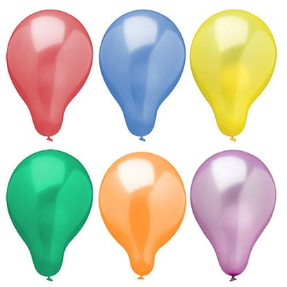 Six PAPSTAR ballons Ø 25 cm, triés par couleur dans un design métallique (6 pièces), sont disposés en deux rangées de trois sur un fond blanc.