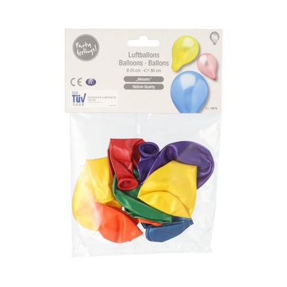 Un emballage en plastique transparent de la PAPSTAR GmbH contient 6 ballons triés dans un design métallique (Ø 25 cm) dans les couleurs jaune, rouge, vert, bleu et violet. L'étiquette indique "PAPSTAR ballons", "ballons" et la désignation du produit.
