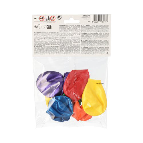 Un sac en plastique transparent de la PAPSTAR GmbH contient six ballons triés PAPSTAR (Ø 25 cm) au design métallique dans différentes couleurs, avec des instructions de sécurité et des informations sur le produit - idéal pour toute fête!