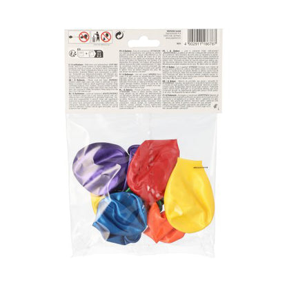 Un sac en plastique transparent de la PAPSTAR GmbH contient six ballons triés PAPSTAR (Ø 25 cm) au design métallique dans différentes couleurs, avec des instructions de sécurité et des informations sur le produit - idéal pour toute fête!