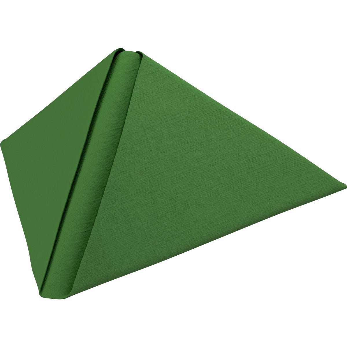 Une serviette Dunilin verte 40 x 40 cm 1/4 pli de Duni GmbH est pliée en une pyramide triangulaire et illustrée sur un fond blanc.