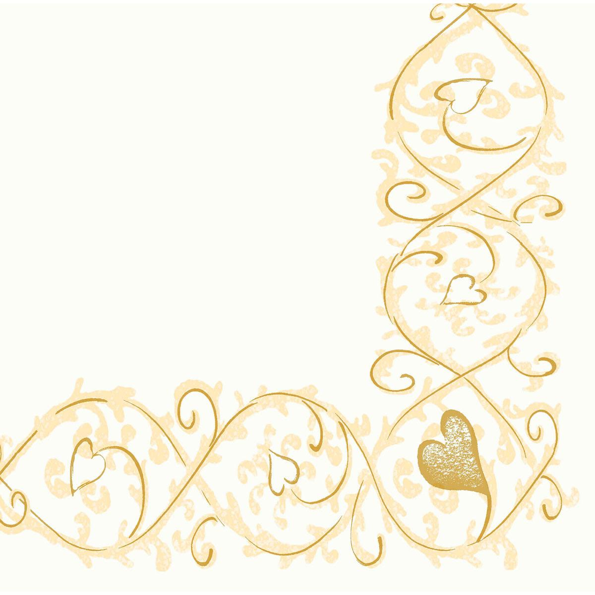 Diese elegante Eckbordüre mit goldenen Ranken und Herzformen auf weißem Grund umrahmt den unteren und rechten Rand - perfekt für Duni GmbH Dunisoft-Servietten 40 x 40 cm 1/4 Falz.