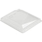Le couvercle Polardeli rPET à 187030 Transparent rPET 108x86x18 de Duni GmbH se présente sur fond blanc avec des bords surélevés et des symboles de recyclage en relief, soulignant ainsi son design écologique en PET recyclé. Paquet : 630 pièces.