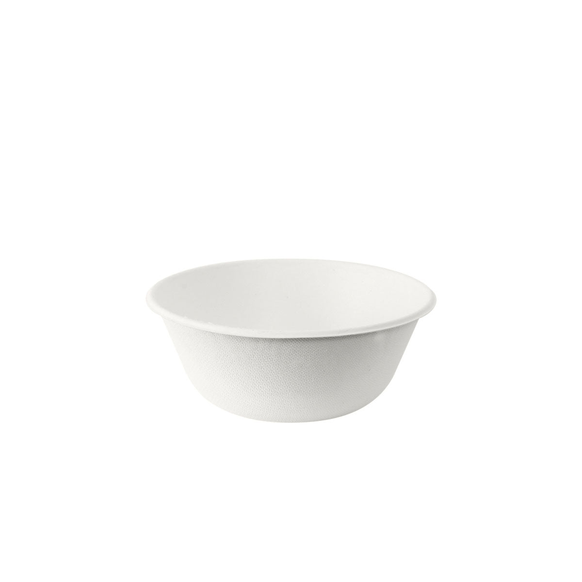 Le bol Coppa Schale Bagasse Blanc de Duni GmbH est un bol rond, blanc avec une surface lisse en bagasse. La vaisselle jetable écologique est présentée vide sur un fond blanc.