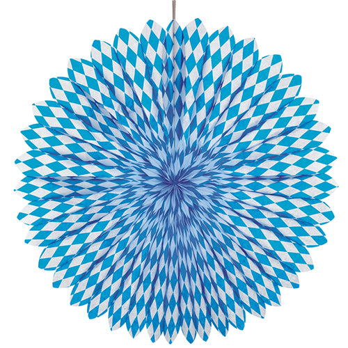 Le PAPSTAR éventail décoratif Ø 75 cm, bleu bavarois, de PAPSTAR GmbH, présente un motif à losanges bleu et blanc et est fabriqué en matériau difficilement inflammable - idéal pour la décoration de l'Oktoberfest.