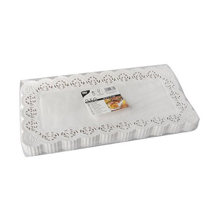 Une pile de papiers dentelés PAPSTAR rectangulaires 34x17 cm, blancs (250 pièces) pour la décoration, avec un bord semblable à de la dentelle et emballés dans un sac en plastique transparent avec le branding de PAPSTAR GmbH sur l'étiquette.
