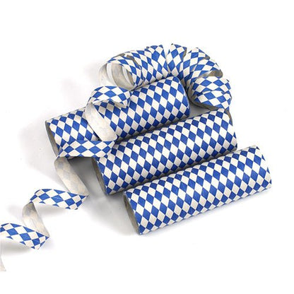 Trois serpentins (à 4 m) de la société PAPSTAR avec un motif en losange bleu et blanc sont disposés sur une surface blanche, l'un d'eux partiellement déroulé - idéal comme décoration de haute qualité pour toute occasion festive.