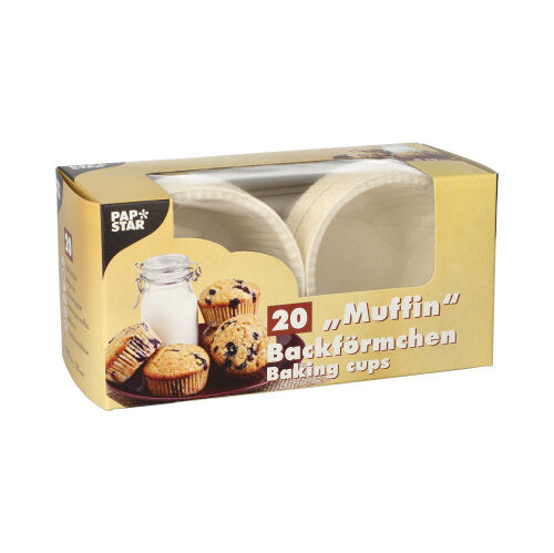 Une boîte de 20 moules à muffins blancs PAPSTAR (Ø 5 cm, 3,5 cm de haut) de la PAPSTAR GmbH est fournie dans une boîte pliante avec fenêtre et motif de muffin.