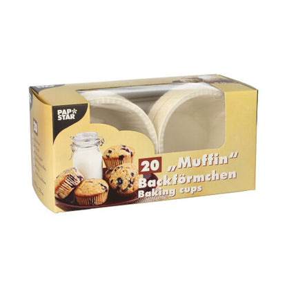 Une boîte de 20 moules à muffins blancs PAPSTAR (Ø 5 cm, 3,5 cm de haut) de la PAPSTAR GmbH est fournie dans une boîte pliante avec fenêtre et motif de muffin.