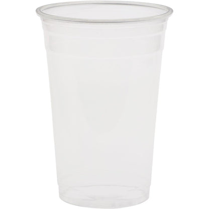 Le verre Crystal Transparent de Duni GmbH est un gobelet en plastique transparent vide avec un couvercle transparent, qui ressemble à du verre élégant et est représenté sur un fond blanc simple.