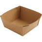Une boîte basse Viking Cube écologique de Duni GmbH, carton brun/PE, 113x113x50 mm, plateau alimentaire (paquet de 300 pièces), avec coins repliés, vue en biais de dessus - idéale comme solution d'emballage durable.