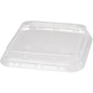 Le couvercle rPET transparent de 900 ml de Duni GmbH (156x156x44 mm, paquet de 40 pièces) est un couvercle carré clair avec un bord surélevé et des symboles de recyclage en relief qui mettent en valeur le matériau recyclé. Illustré sur un fond blanc.