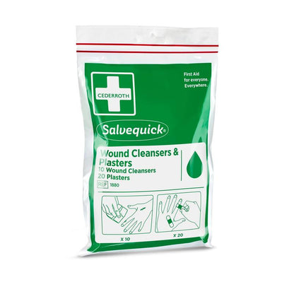 Le paquet d'Orkla Wound Care AB contient 10 nettoyants pour plaies Salvequick et 20 pansements dans un sac en plastique refermable - idéal pour les déplacements. Des instructions d'application sur les mains et les doigts sont illustrées.