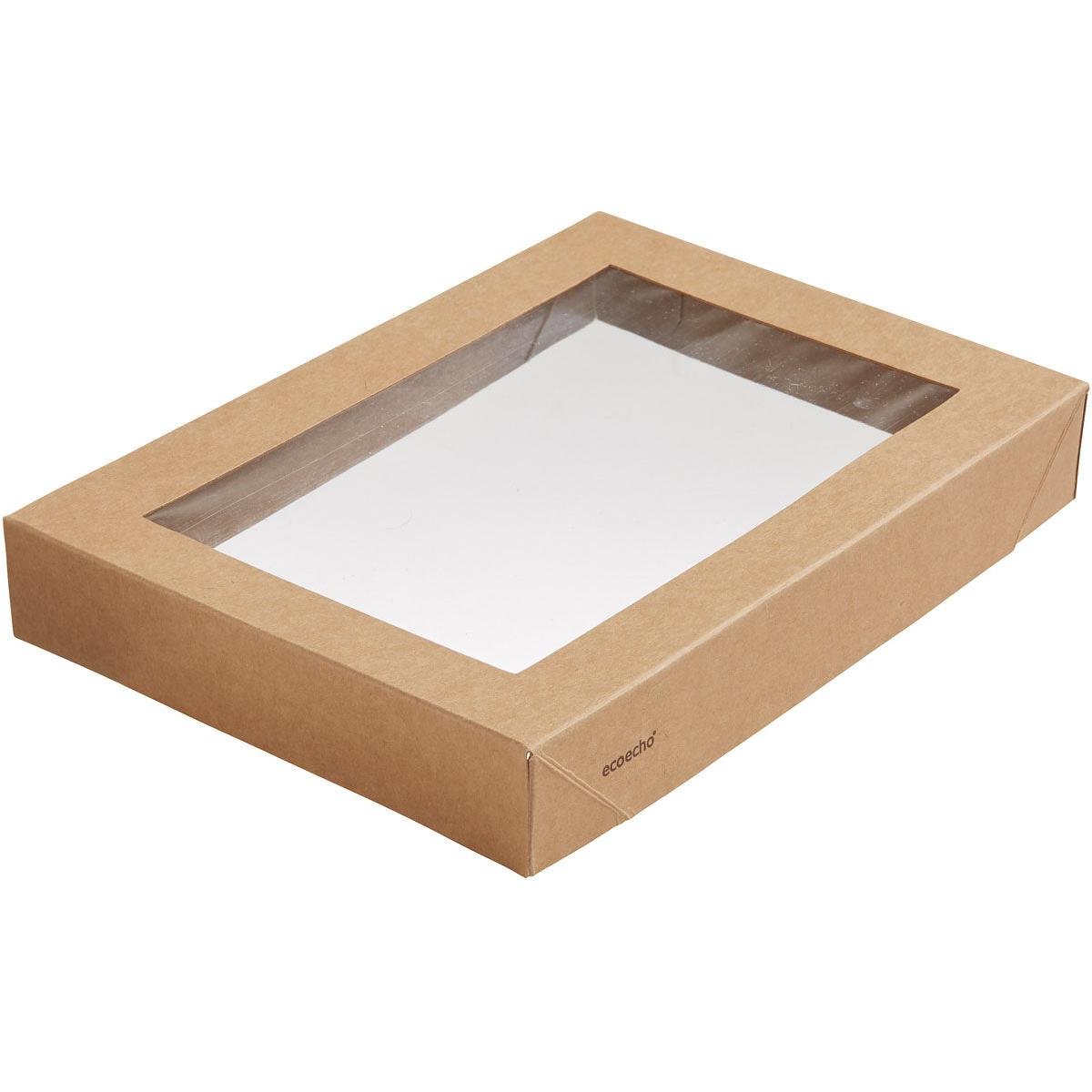 Le couvercle Viking Brick avec fenêtre en PLA de Duni GmbH est une simple boîte en carton brun rectangulaire (200x140x30 mm) avec une fenêtre en PLA transparent et une petite étiquette "ecocraft" dans un coin ; paquet de 300 pièces, biodégradable.