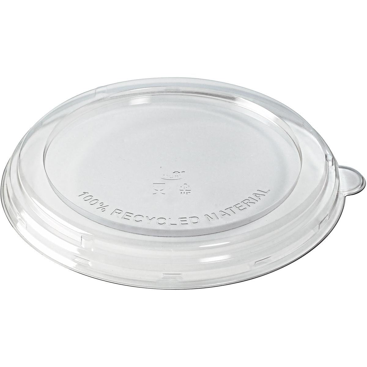 Le couvercle plat rPET 800-1200 ml de Duni GmbH est un couvercle transparent et écologique fabriqué à partir de 100% de matériaux recyclés avec une gravure, une petite languette et un symbole de recyclage au centre (213x213x20 mm, paquet de 40 pièces).
