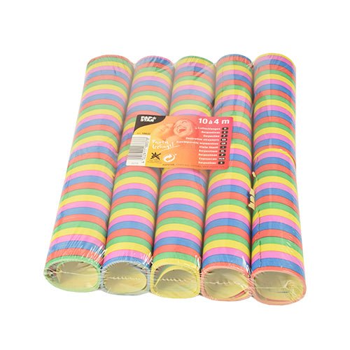 Dix produits ignifuges PAPSTAR Serpentins « Stripes » (4 m chacun) de PAPSTAR Les serpentins sont livrés dans un emballage transparent muni d'une étiquette sur le devant. Ils se déclinent en plusieurs couleurs vives, idéales pour la décoration de fête.
