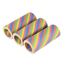 Trois vides PAPSTAR 3 serpentins géants de 15 m, ignifugés, de PAPSTAR GmbH, représentées côte à côte avec des rayures jaune vif, bleues, roses, vertes et orange – idéales pour des décorations colorées sur fond blanc.