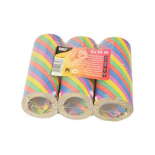 Trois rôles PAPSTAR 3 serpentins géants (15 m, ignifugés) de la PAPSTAR GmbH, avec des rayures colorées en diagonale et un emballage en plastique muni d'une étiquette orange – idéal pour la décoration de fête.