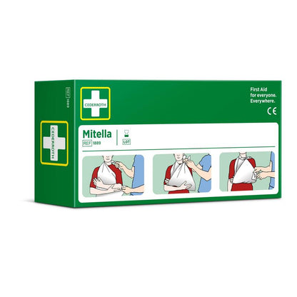 Une boîte vert-blanc de Orkla Wound Care AB avec l'inscription "Écharpe triangulaire, 2 pièces/carton" avec des illustrations pour l'utilisation comme écharpe pour le bras en cas de blessures sportives; avec des pictogrammes, des instructions et un symbole de croix blanche.