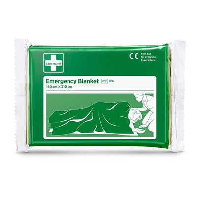 La couverture d'urgence Cederroth | Paquet (1 pièce) de Orkla Wound Care AB a une inscription vert-blanc avec une illustration et les dimensions 160 x 210 cm - parfait pour votre équipement de premiers secours.