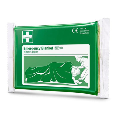 Une couverture d'urgence Cederroth emballée en vert et blanc (1 pièce) de Orkla Wound Care AB, 160 x 210 cm, avec l'illustration d'une personne couvrant une autre - un must pour tout équipement de premiers secours.