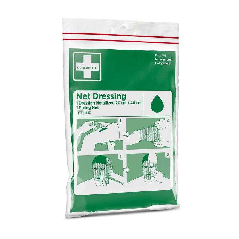 Un emballage Cederroth Bandage en filet | Emballage (1 pièce) de Orkla Wound Care AB avec un emballage vert et blanc montre une instruction illustrée pour l'application du bandage en filet élastique sur un bras et une tête.