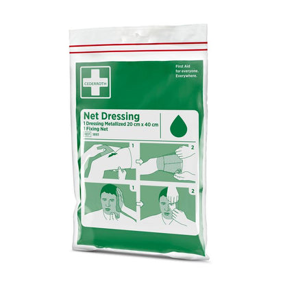 L'emballage vert et blanc Cederroth Bandage en filet (1 pièce) de Orkla Wound Care AB contient une instruction illustrée pour appliquer un bandage en filet élastique sur un bras et une tête ainsi que des informations sur le soin des plaies et les premiers secours sur le devant.