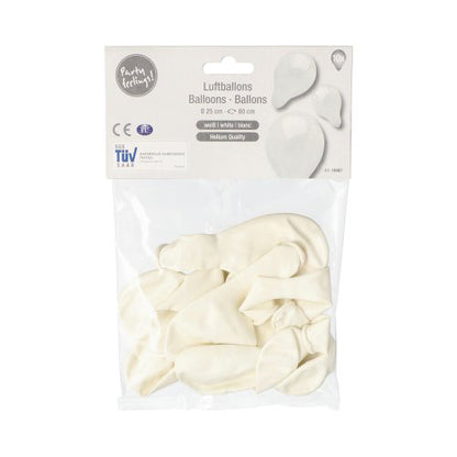 In einer transparenten Verpackung der PAPSTAR GmbH befinden sich 10 unaufgeblasene weiße Latexballons (Ø 25 cm). Das Etikett auf der Oberseite trägt den Aufdruck „PAPSTAR 10 Luftballons“ und zeigt aufgeblasene weiße Ballons. Die Ballons eignen sich daher hervorragend als Dekoration.