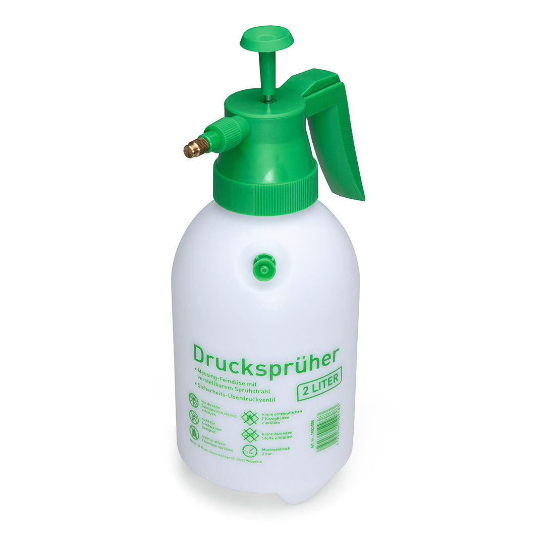 Der Nölle Profi Brush Drucksprüher aus Kunststoff, weiß-grün, ist ideal für Gartenpflege und präzise Pflanzenbewässerung. Er fasst 2 Liter, hat einen Pumpgriff und grüne Beschriftung sowie Anleitung auf der Vorderseite.