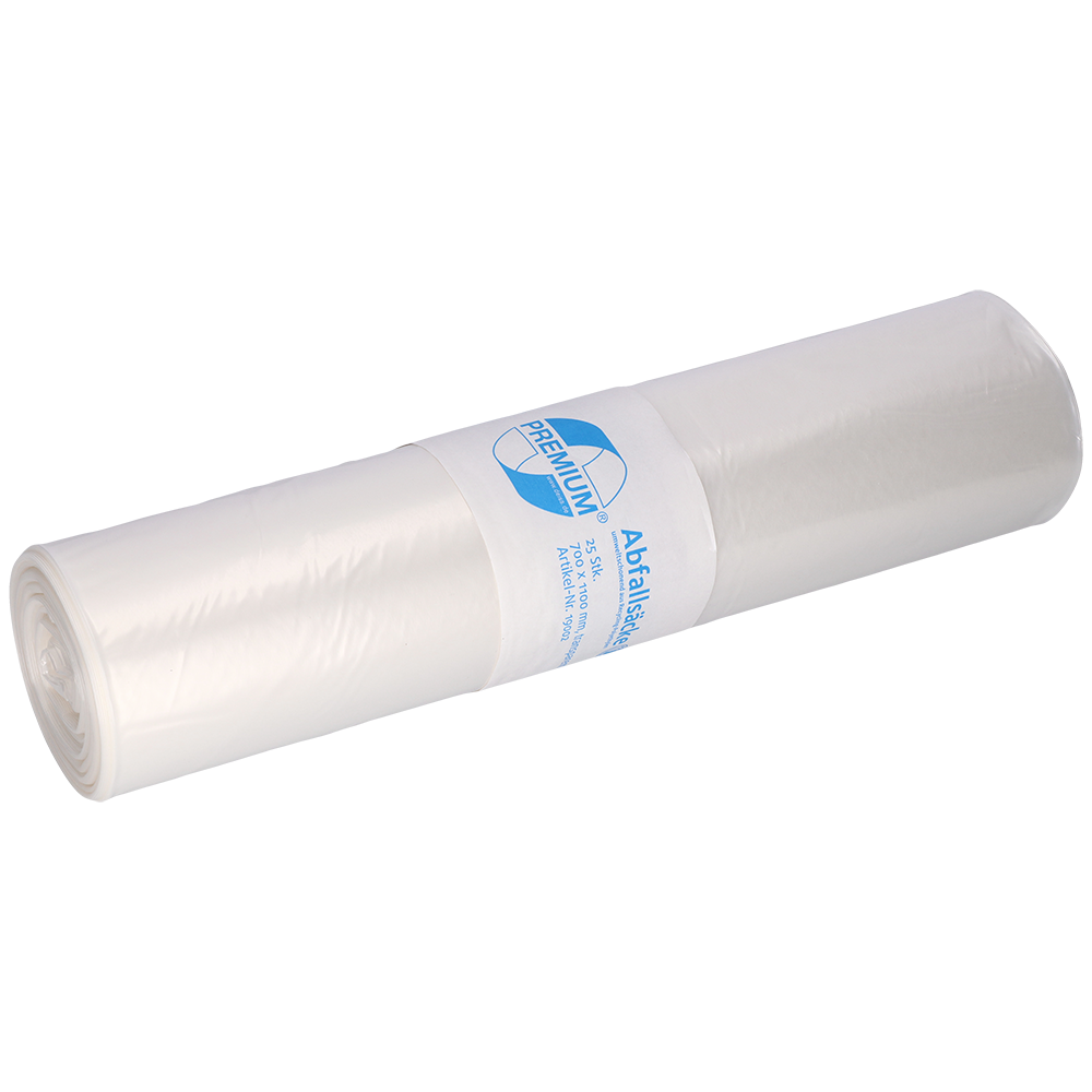 Un sac poubelle transparent DEISS 19002, 700x1100 mm Type 60, de EMIL DEISS KG (GmbH + Co.), avec une étiquette bleu-blanc autour du rouleau (25 pièces), illustré sur un fond blanc simple.