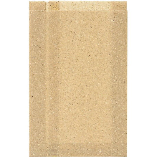 Eine schlichte, rechteckige, hellbraune Matze ruht auf weißem Hintergrund neben einer Duni GmbH Graspapier-Tüte Bloom Medium 310x200 mm aus Natur Graspapier (Packung mit 500 Stück).