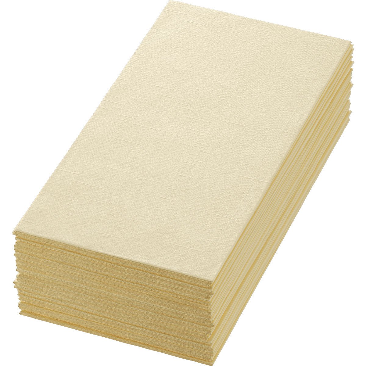 Une pile de serviettes Dunilin 48 x 48 cm 1/4 pli de Duni GmbH, beige et rectangulaire, est soigneusement disposée sur un fond blanc.