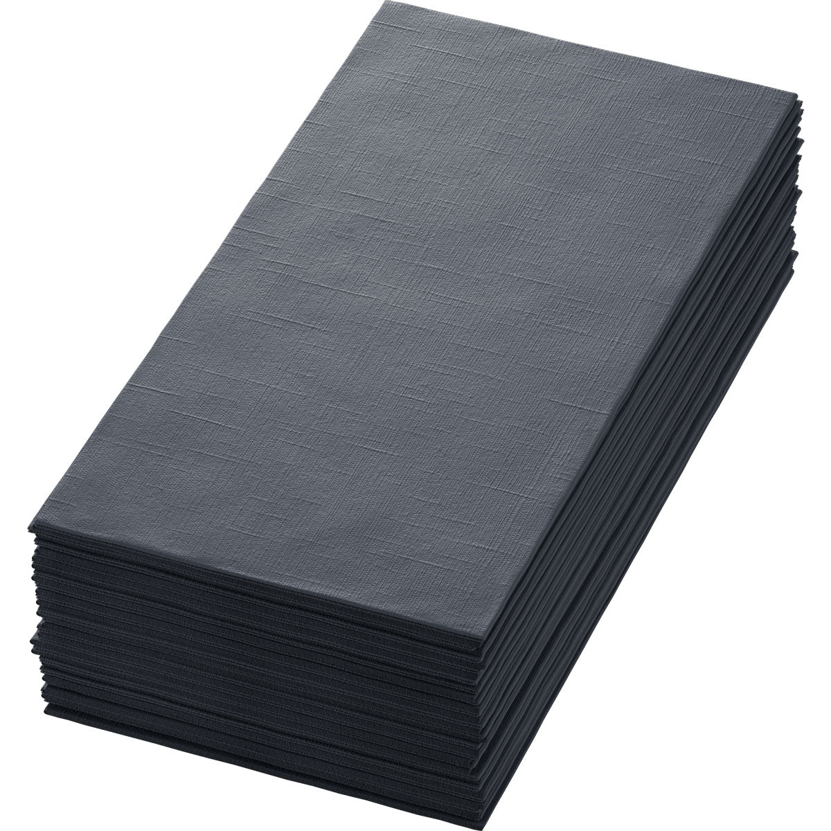 Une pile de serviettes Dunilin gris foncé 48 x 48 cm 1/4 pli de Duni GmbH avec un motif de structure discret est présentée sur un fond blanc simple.