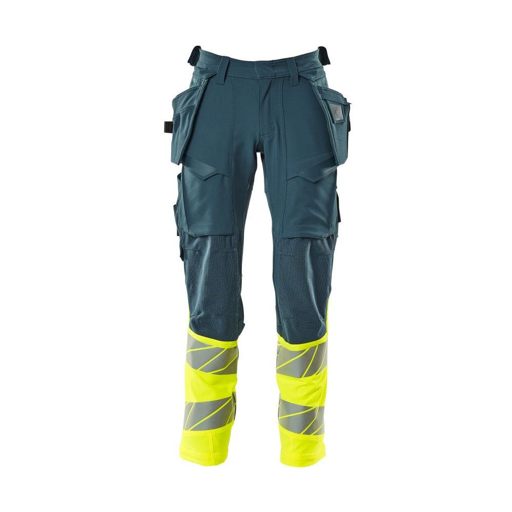 Pantalon avec poches suspendues, pantalon ULTIMATE STRETCH, pétrole foncé/jaune haute visibilité