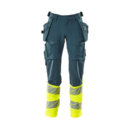 Pantalon avec poches suspendues, pantalon ULTIMATE STRETCH, pétrole foncé/jaune haute visibilité