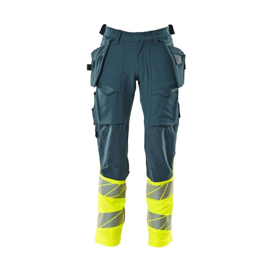 Pantalon avec poches suspendues, pantalon ULTIMATE STRETCH, pétrole foncé/jaune haute visibilité