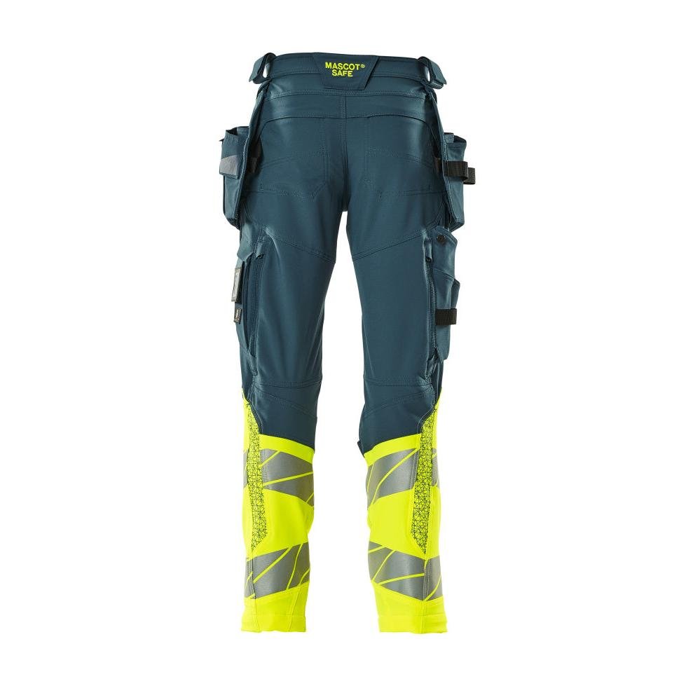 Pantalon avec poches suspendues, pantalon ULTIMATE STRETCH, pétrole foncé/jaune haute visibilité