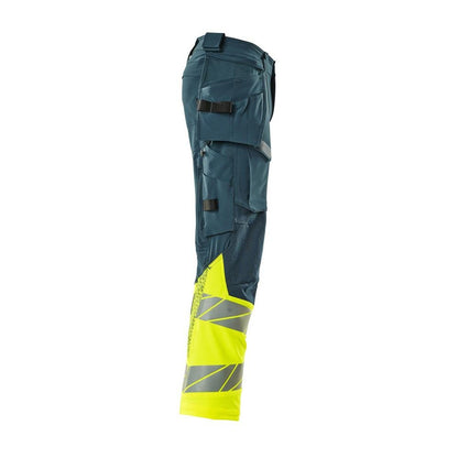 Pantalon avec poches suspendues, pantalon ULTIMATE STRETCH, pétrole foncé/jaune haute visibilité