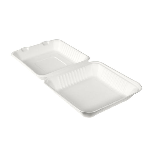 Die BioPak Menübox 1200 ml der Duni GmbH ist eine weiße, rechteckige Bagasse-Takeout-Box (236x231x81 mm) aus Faserform mit Scharnierdeckel - eine umweltfreundliche Verpackung, erhältlich in Packungen zu 50 Stück.