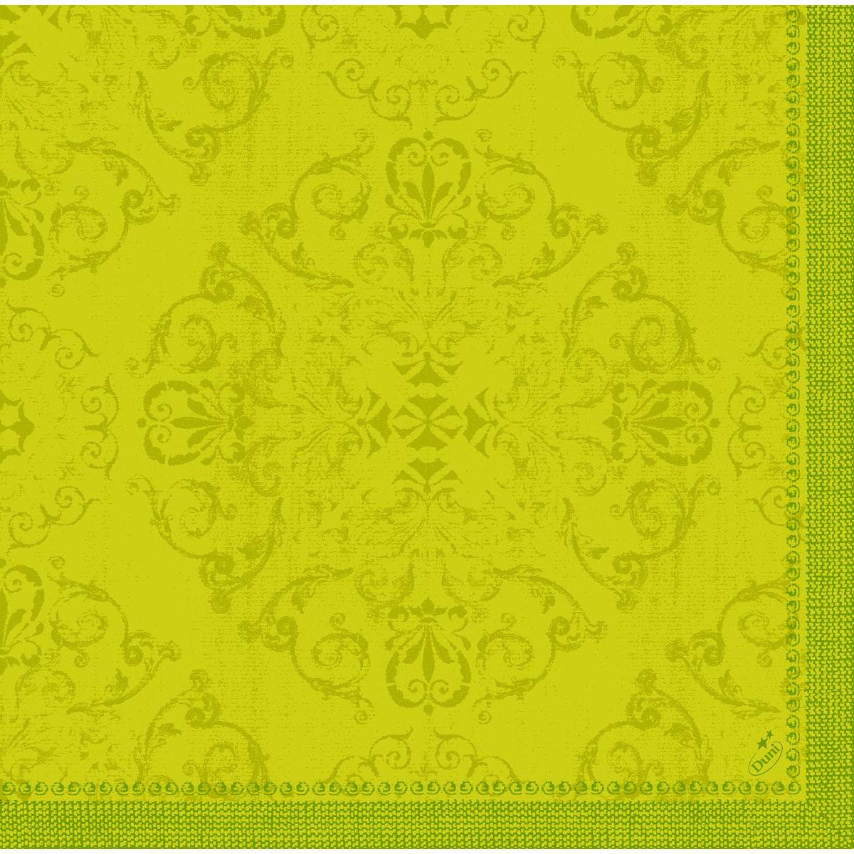 Les serviettes Dunilin 40 x 40 cm 1/4 pli de Duni GmbH sont ornées d'un motif damassé jaune-vert artistique et d'une bordure décorative à droite et en bas, ajoutant une touche d'élégance à toute table dressée.