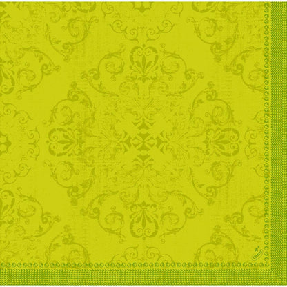 Les serviettes Dunilin 40 x 40 cm 1/4 pli de Duni GmbH sont ornées d'un motif damassé jaune-vert artistique et d'une bordure décorative à droite et en bas, ajoutant une touche d'élégance à toute table dressée.