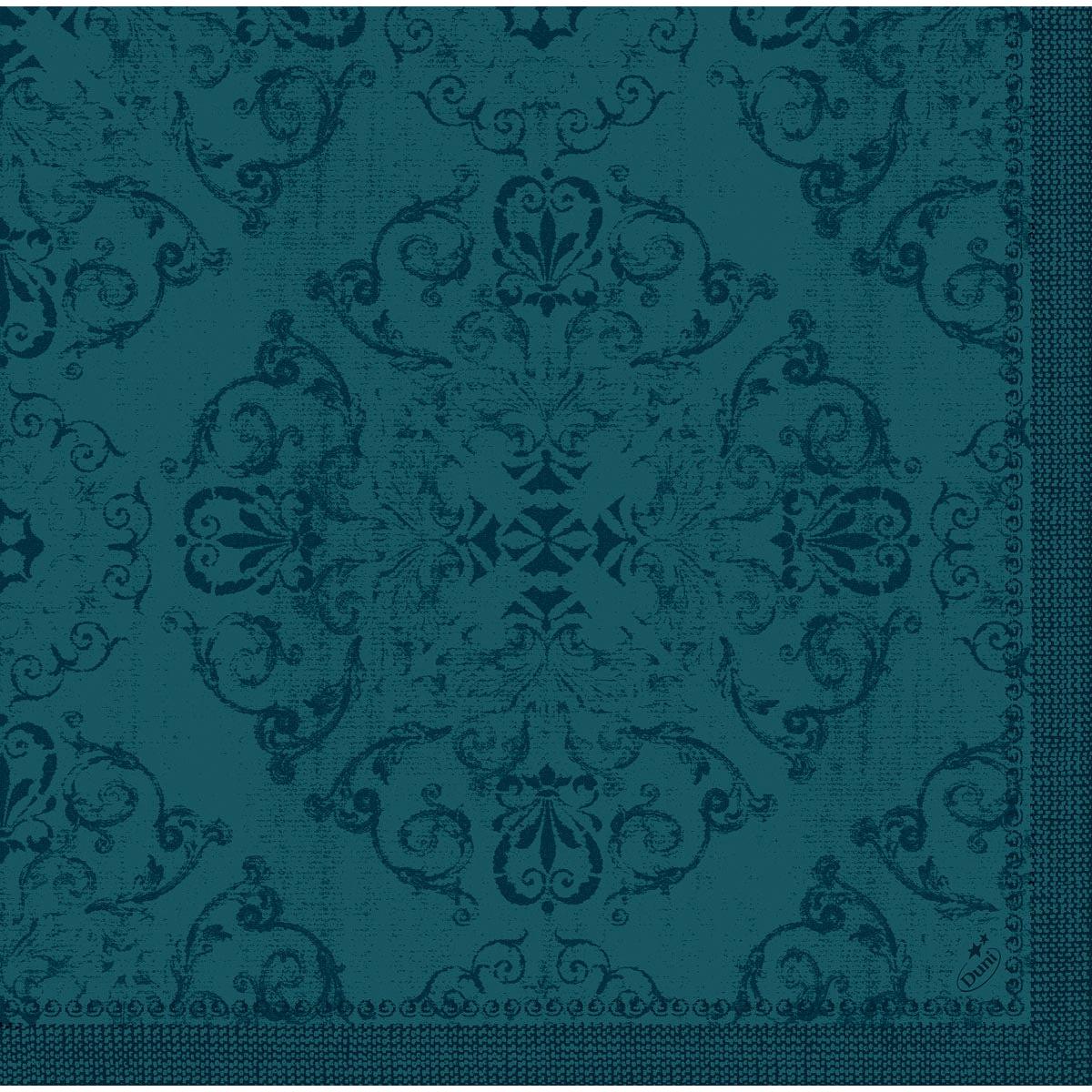 Les serviettes Dunilin 40 x 40 cm 1/4 pli de Duni GmbH, teal avec un motif floral et de vrilles damassé élégant ainsi qu'une bordure décorative - des serviettes de haute qualité pour toute table dressée avec style.