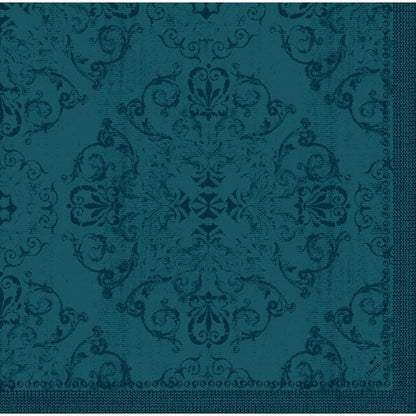 Les serviettes Dunilin 40 x 40 cm 1/4 pli de Duni GmbH, teal avec un motif floral et de vrilles damassé élégant ainsi qu'une bordure décorative - des serviettes de haute qualité pour toute table dressée avec style.