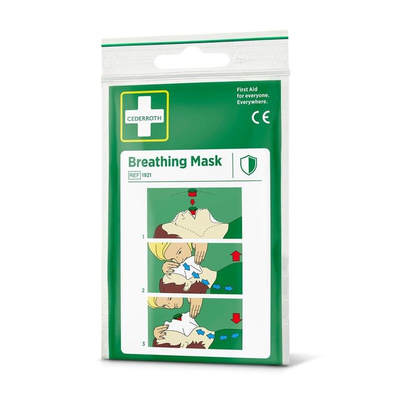 Le masque respiratoire Cederroth (1 pièce) de Orkla Wound Care AB est livré dans un emballage blanc-vert avec des symboles médicaux et des instructions de RCP illustrées, démontrant l'application sécurisée de la réanimation et offrant une protection contre la poussière.