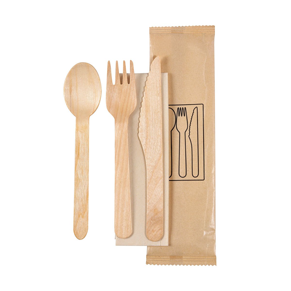 Le set de couverts Duni GmbH 4/1 en bois ciré naturel contient une fourchette, un couteau, une cuillère et une serviette marron (160/165/160), emballé hygiéniquement par 250 pièces - respectueux de l'environnement sur fond blanc à côté d'un sac en papier illustré.